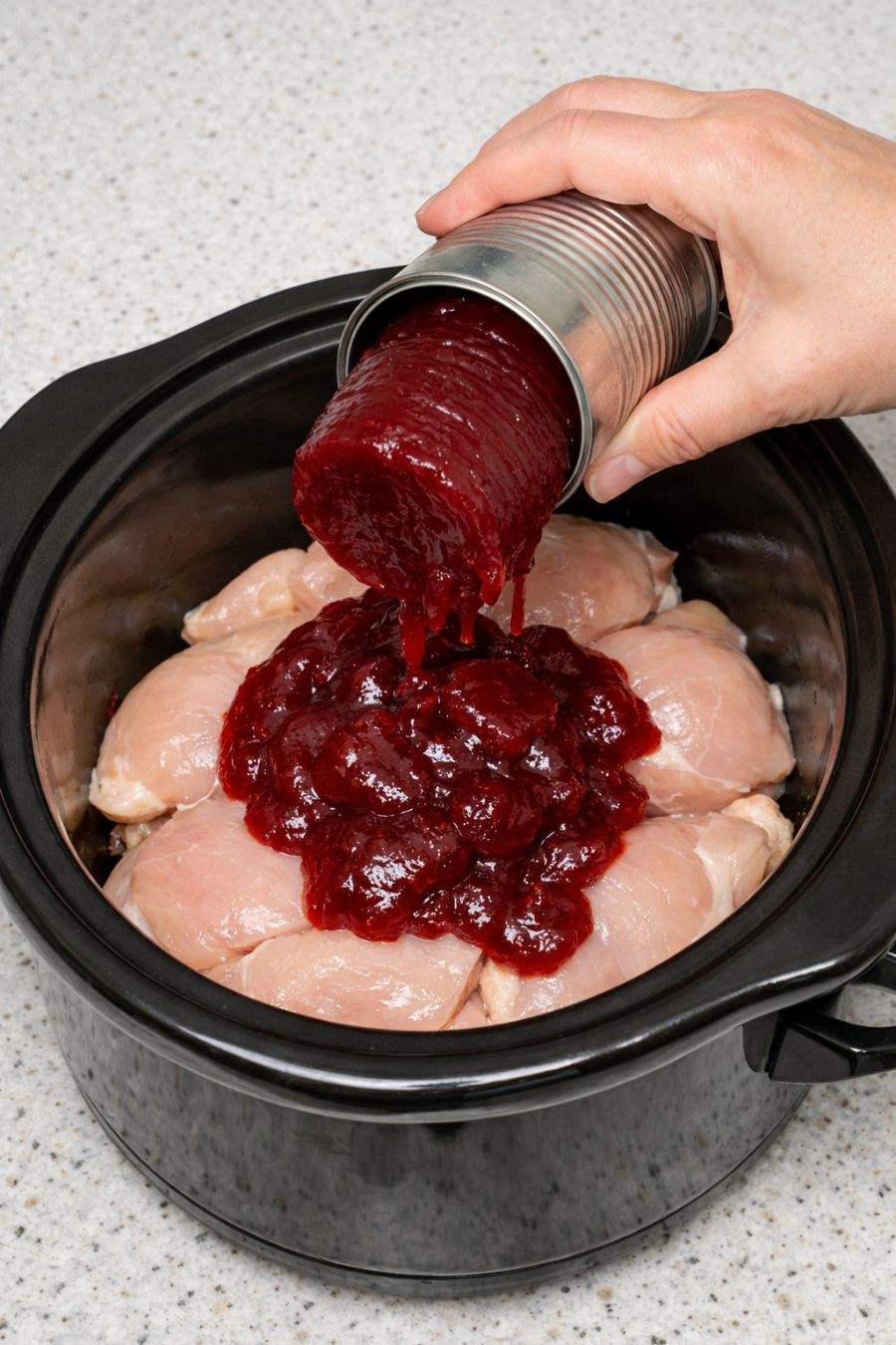Dump canned cranberry sauce on top of chicken breasts, together with 1 ingredient, into slow cooker for a savory meal that disappears faster than anyt